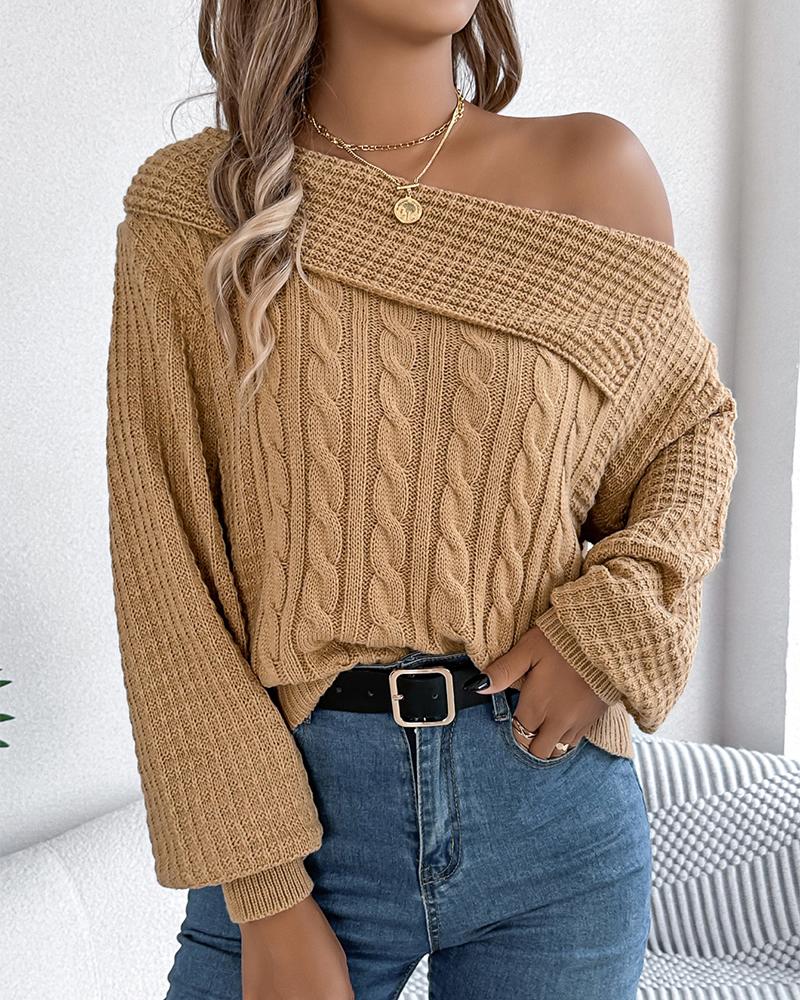 Skew Neck Long Sleeve Cable Knit Sweater