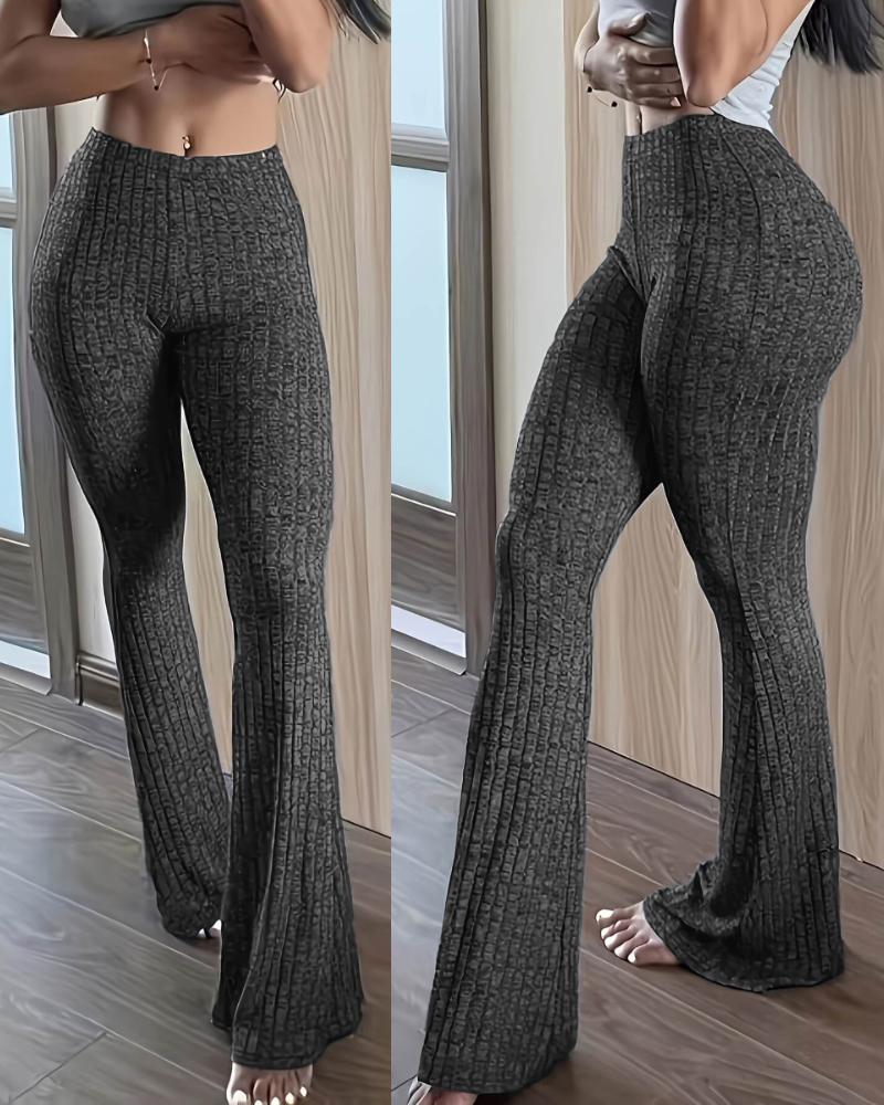 Ribbed High Waisted Elasticity Slim Fit Flared Pants Sporty Casual Pants