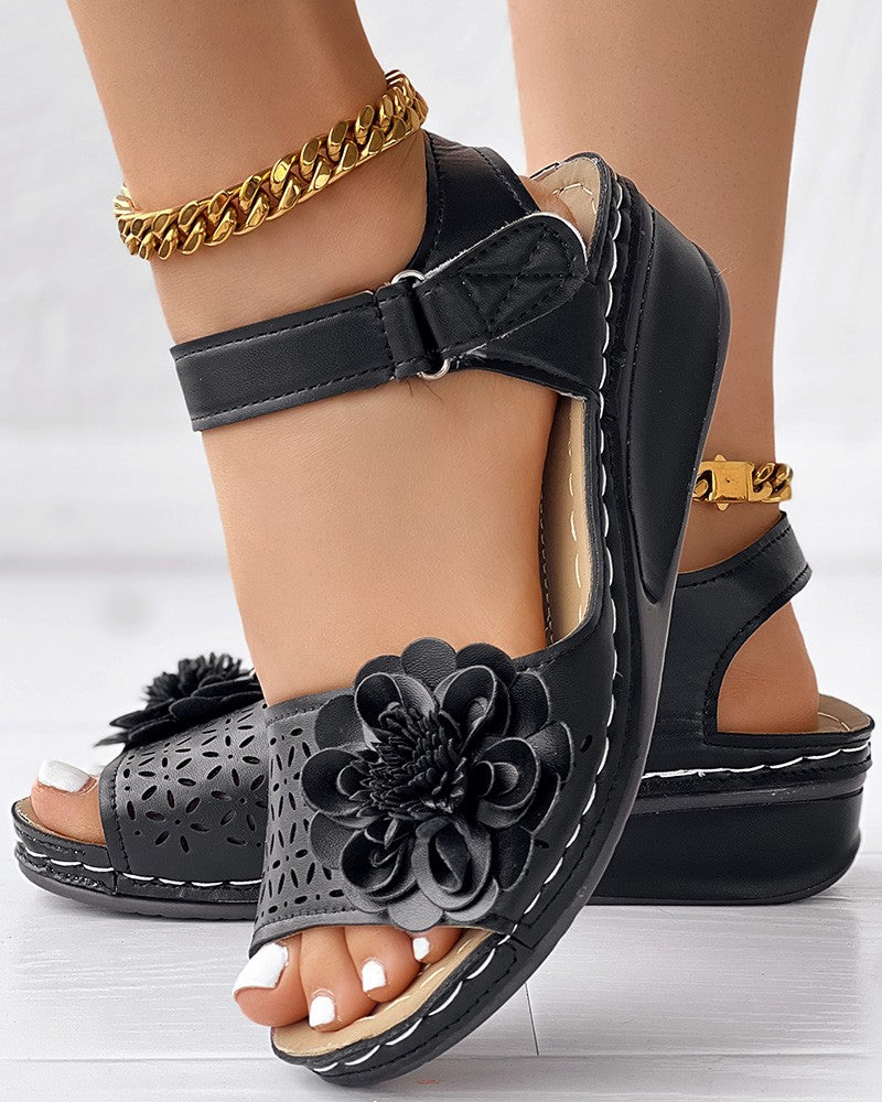 Hollow Out Floral Pattern Ankle Strap Wedge Sandals