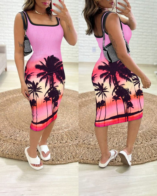 Tropical Landscape Print Contrast Binding Bodycon Dress