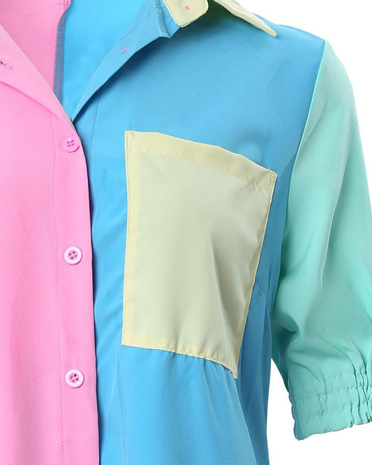 Button Front Pocket Design Colorblock Shirt Dress