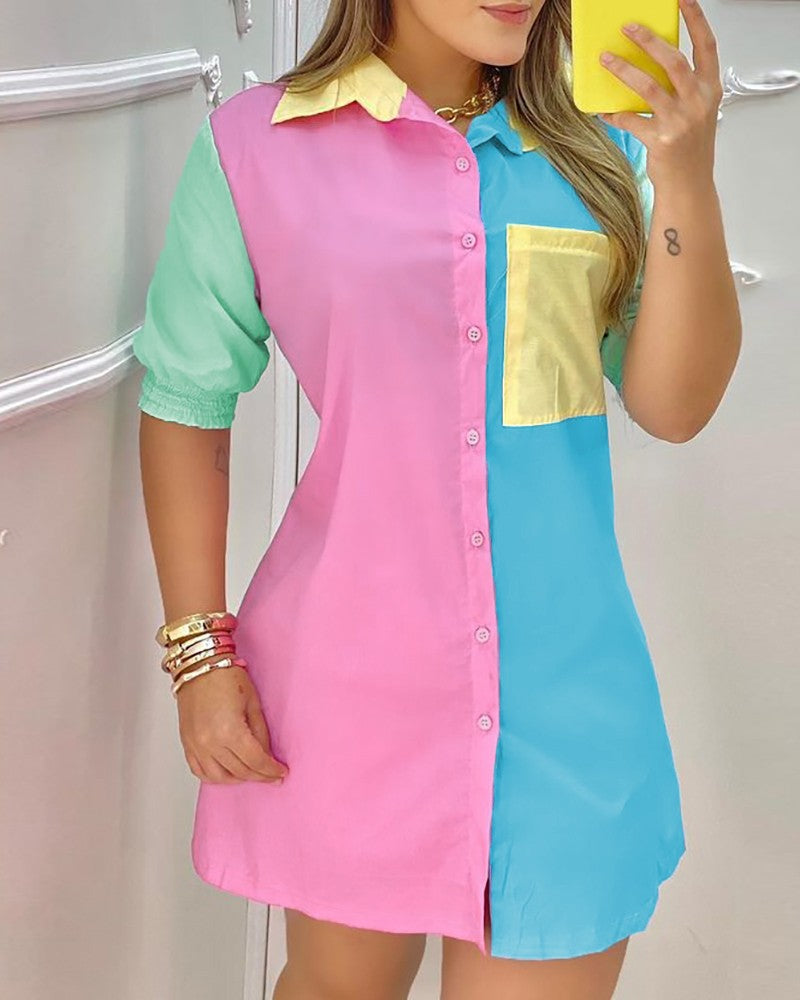 Button Front Pocket Design Colorblock Shirt Dress