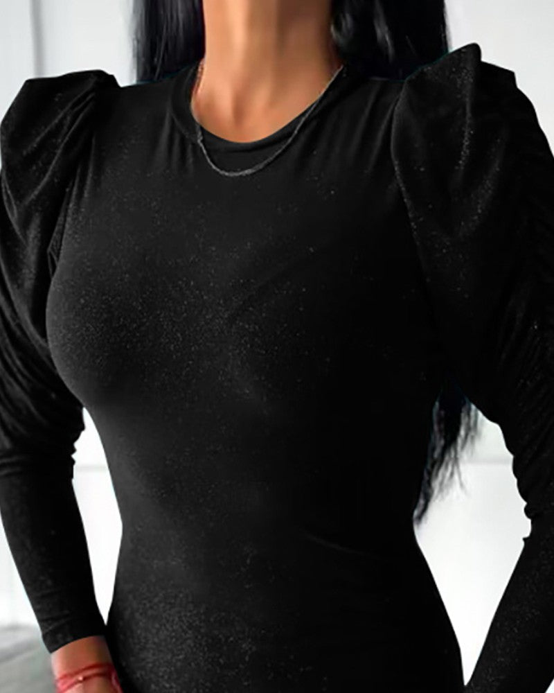 Glitter Ruched Gigot Sleeve Bodycon Dress