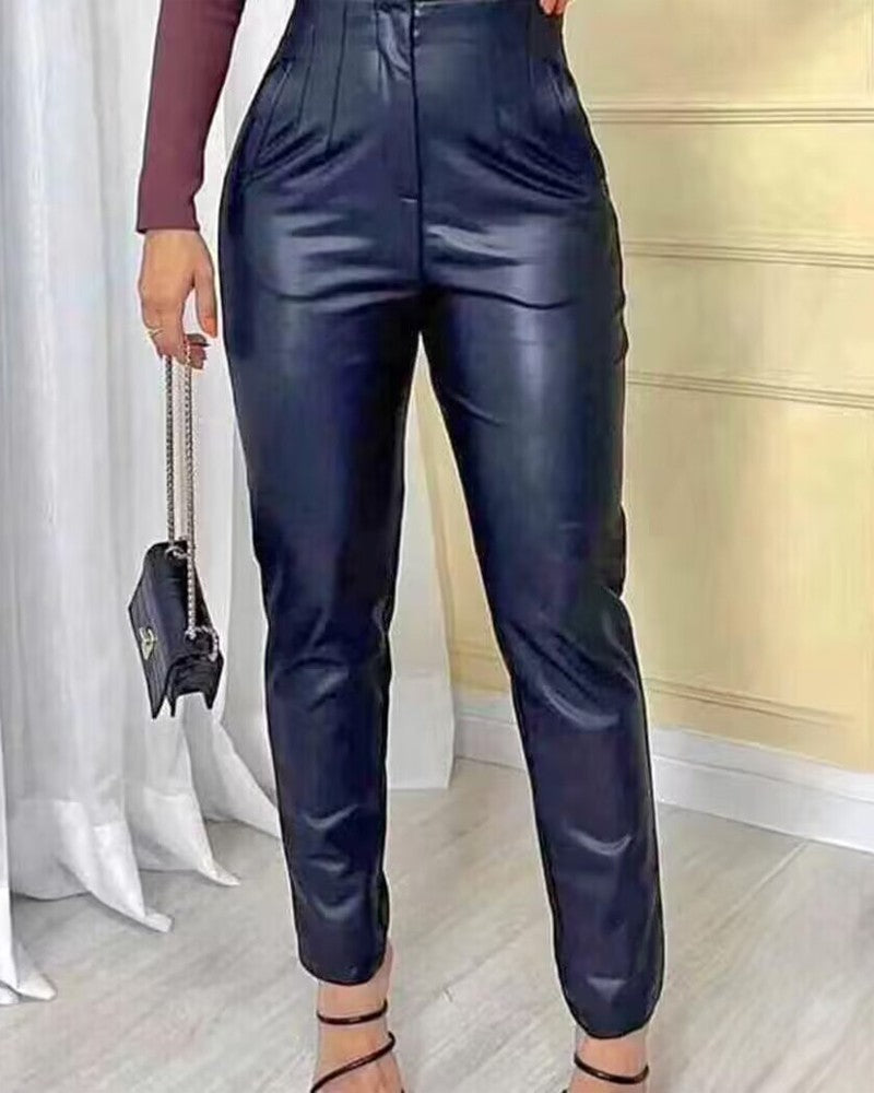 PU Leather Ruched High Waist Pants