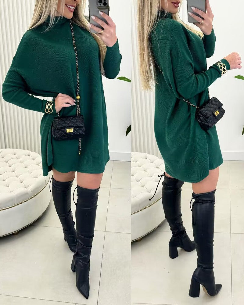 High Neck Batwing Sleeve Sweater Dress Knitted Casual Dress