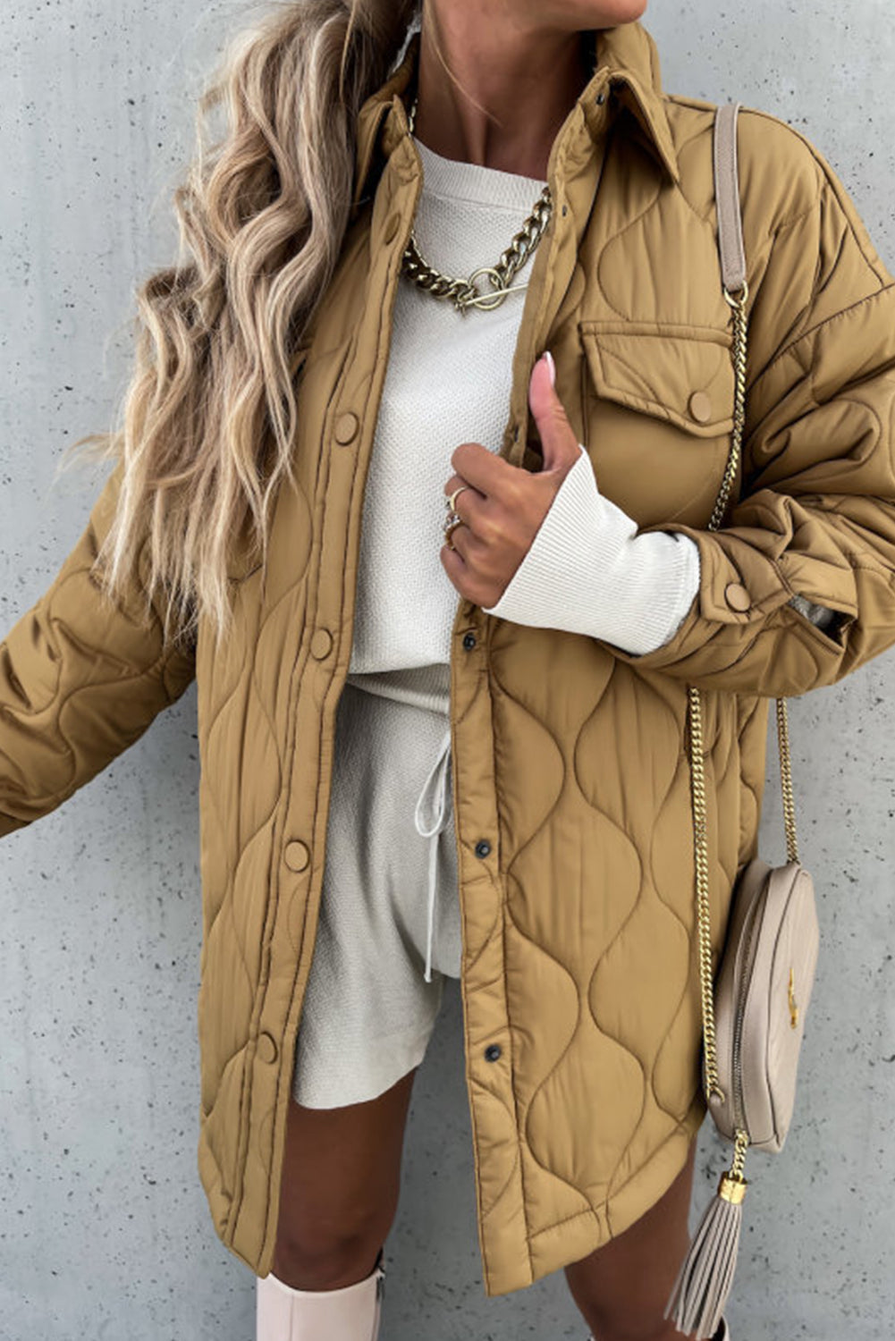 Tan Quilted Flap Pockets Snap Buttoned Puffer Jacket