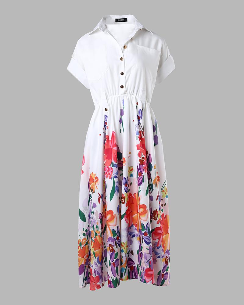 Floral Print Ruched Buttoned Shirt Dress