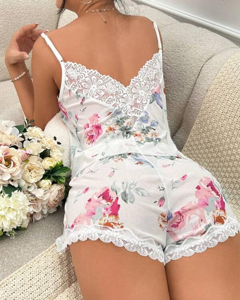 Floral Print Lace Trim Sleep Cami Set