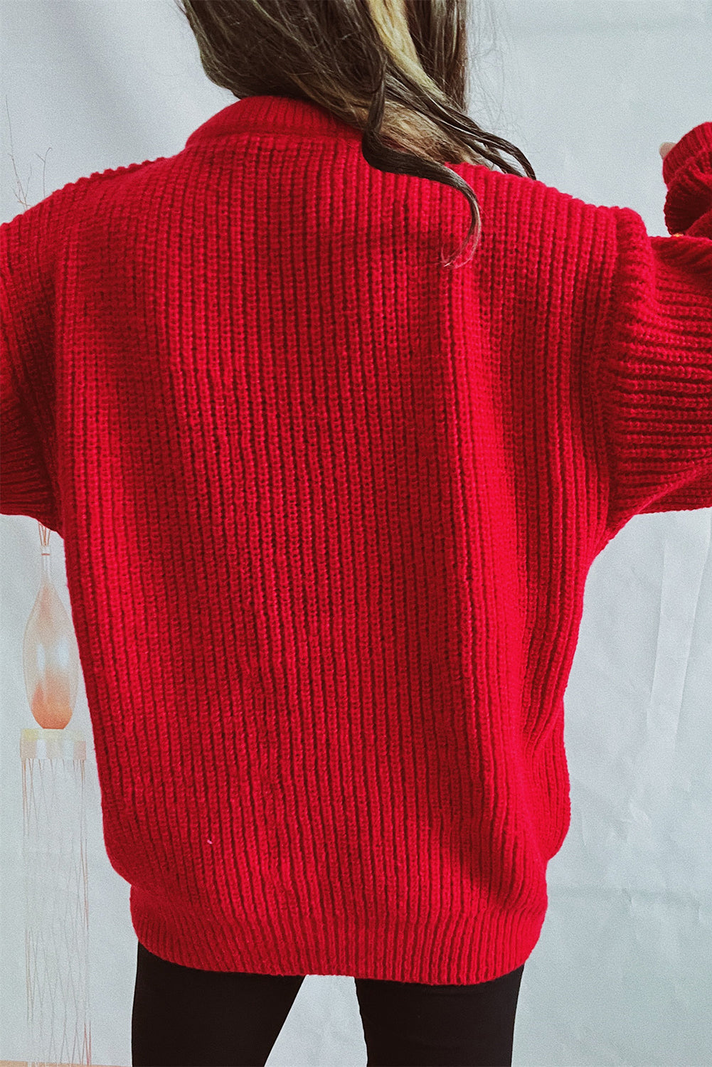 Racing Red Christmas Pattern Patched Rib Knit Knitted Sweater