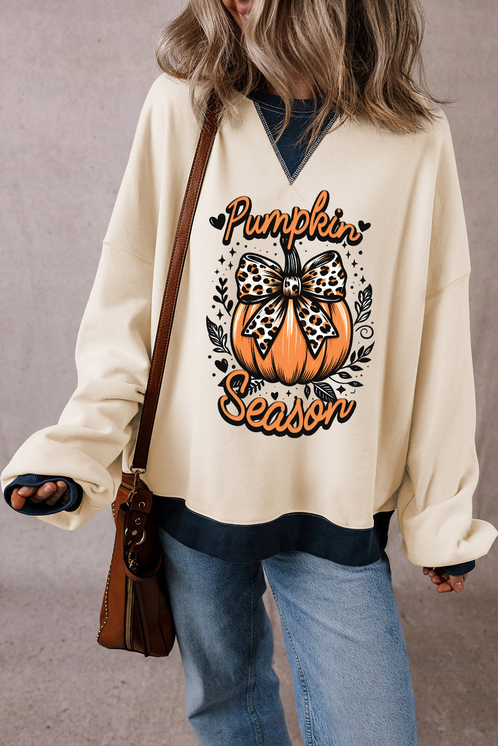 White Halloween Witch Hat Patched Pattern Colorblock Edge Oversized Sweatshirt