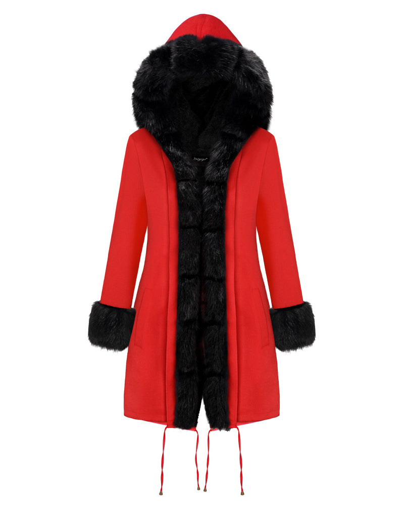 Faux Fur Patch Long Sleeve Hooded Parka Coat