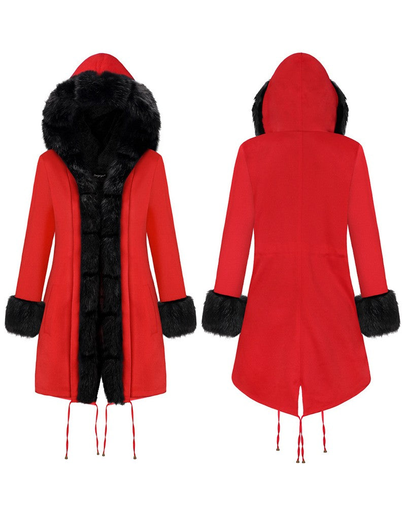 Faux Fur Patch Long Sleeve Hooded Parka Coat