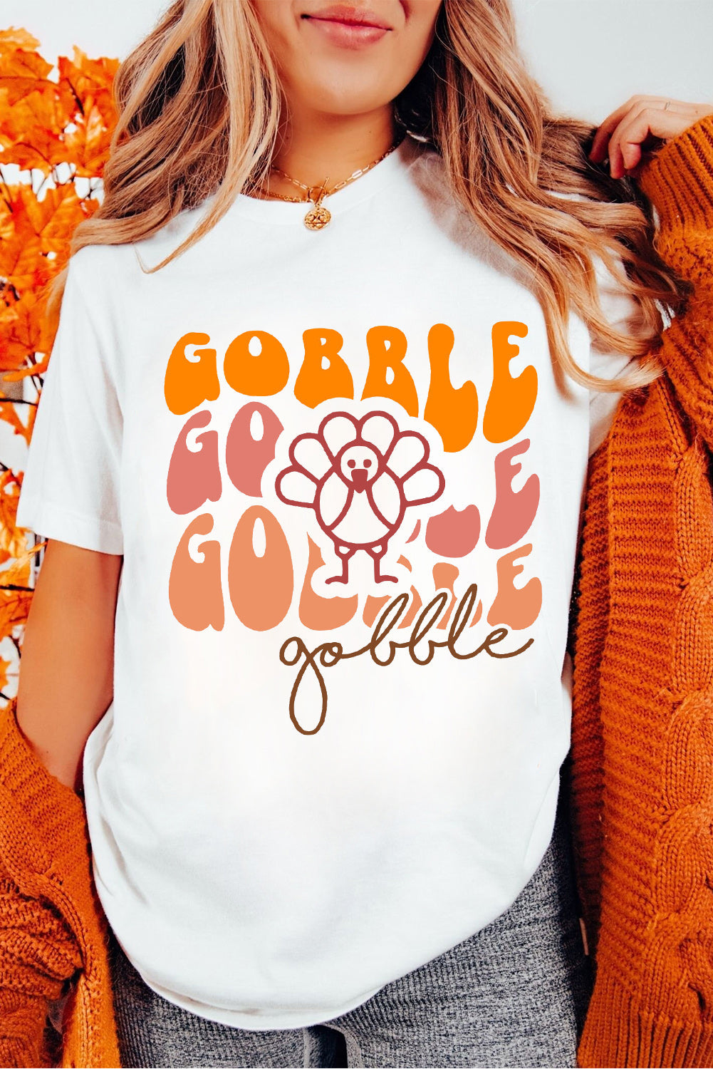 White Gobble Thanksgiving Turkey Graphic Cotton Blend T Shirt