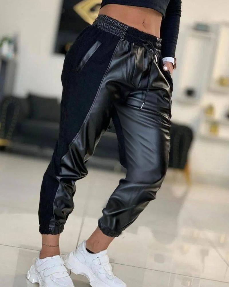 Contrast PU Leather Drawstring Cuffed Pants