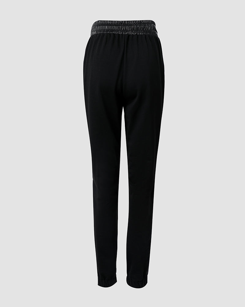 Contrast PU Leather Drawstring Cuffed Pants