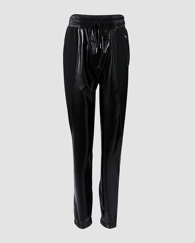 Contrast PU Leather Drawstring Cuffed Pants