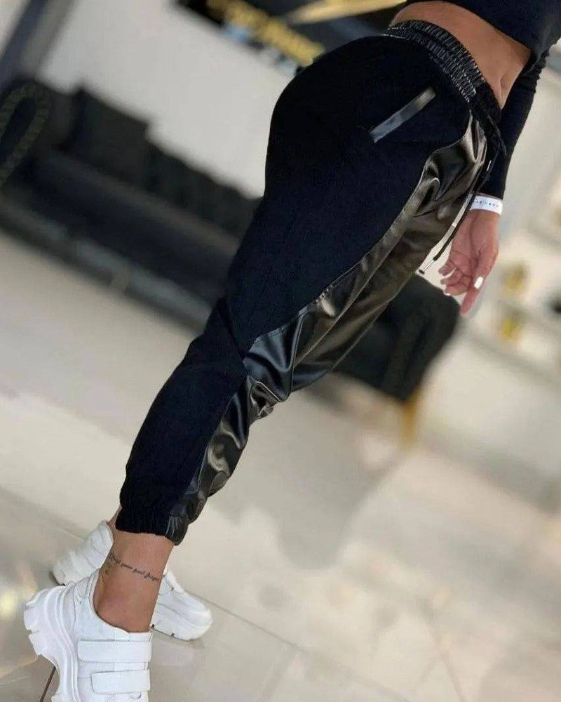 Contrast PU Leather Drawstring Cuffed Pants