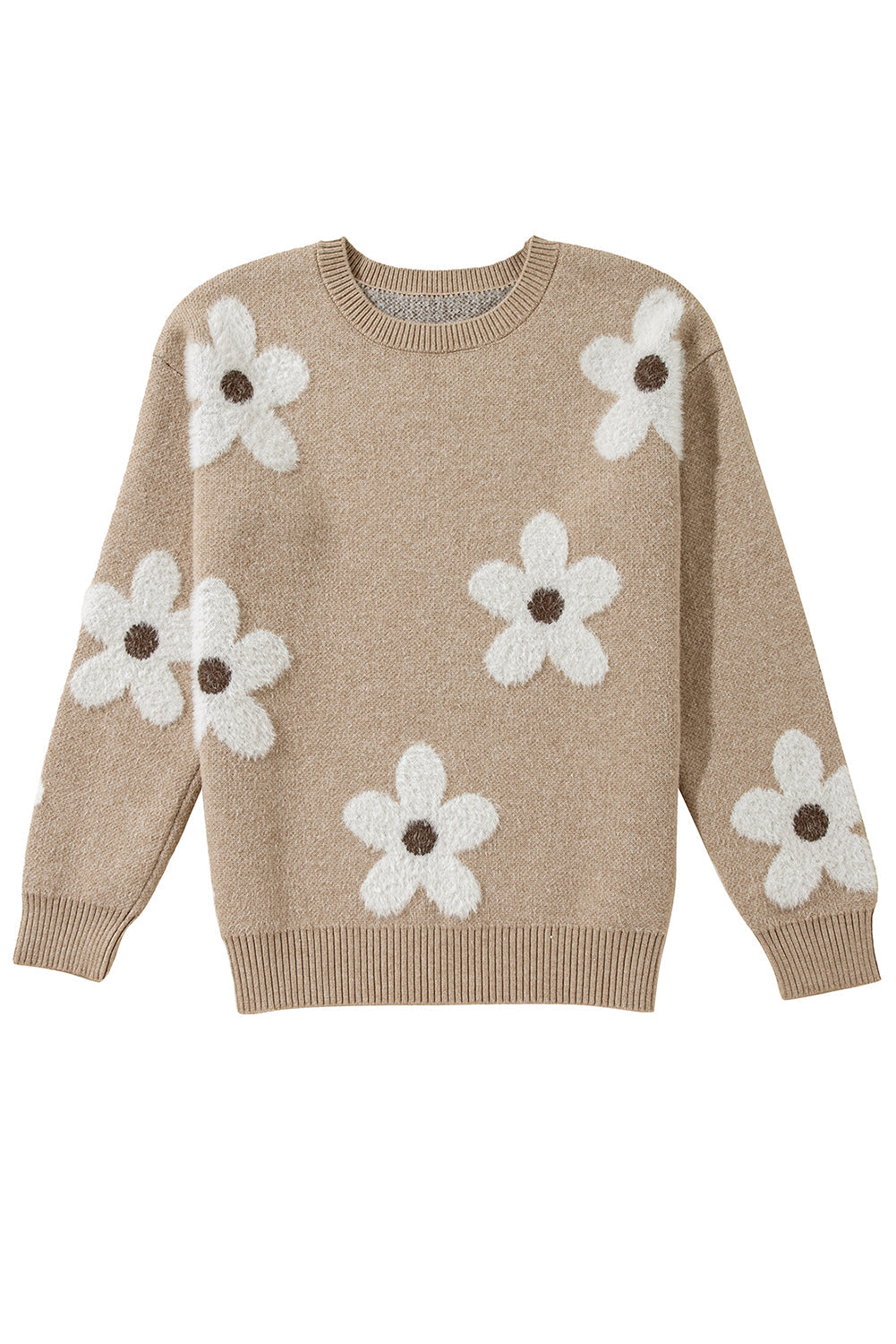 Parchment Flower Pattern Ribbed Trim Crew Neck Sweater