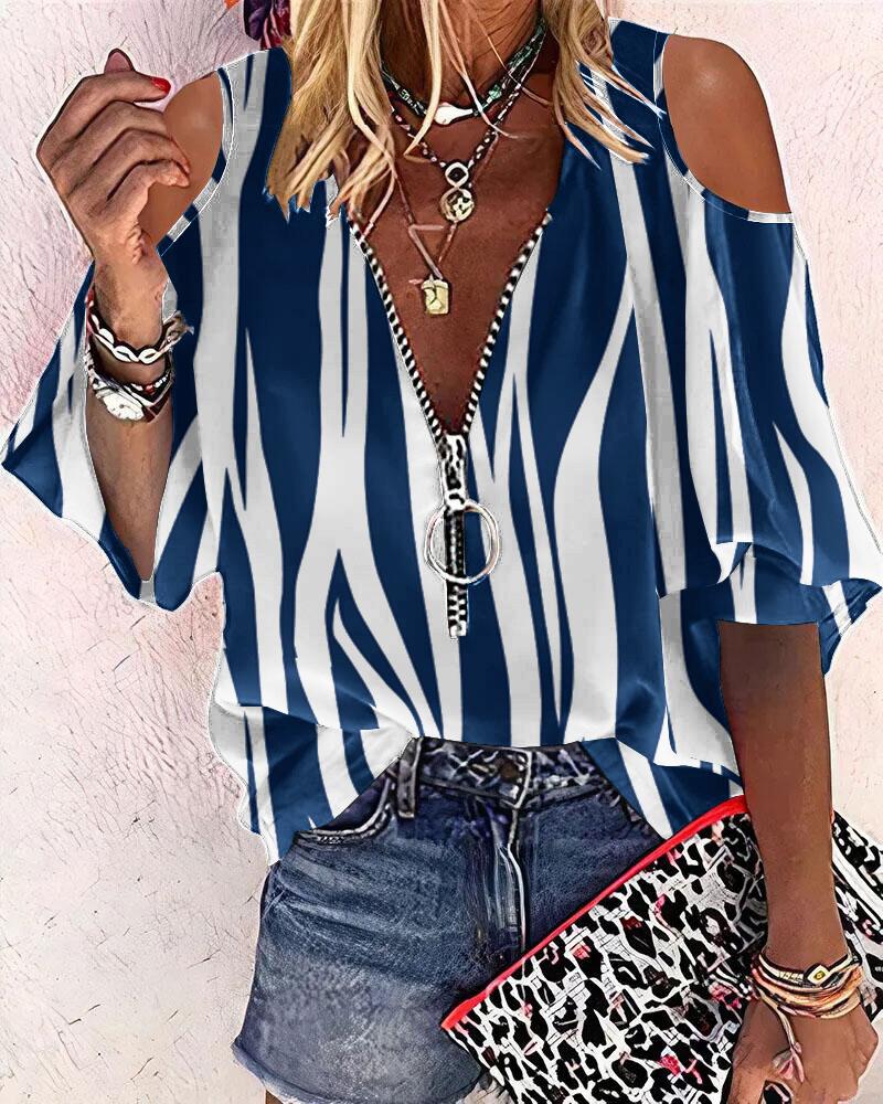 Zebra Stripe Print Zip Front Cold Shoulder Top