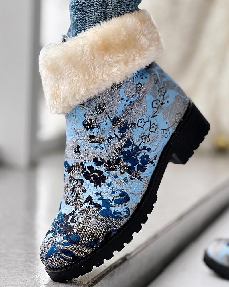 Floral Print Fuzzy Lined Ankle Boots