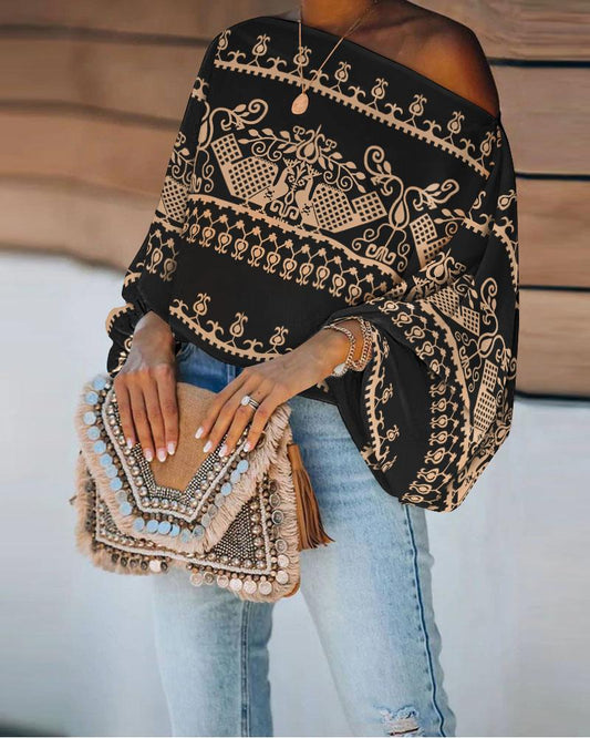 Tribal Print Lantern Sleeve Top