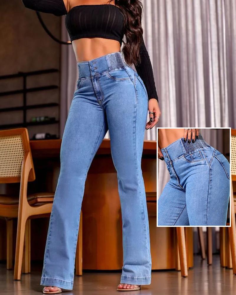 Back Shirred Button Front High Waist Jeans