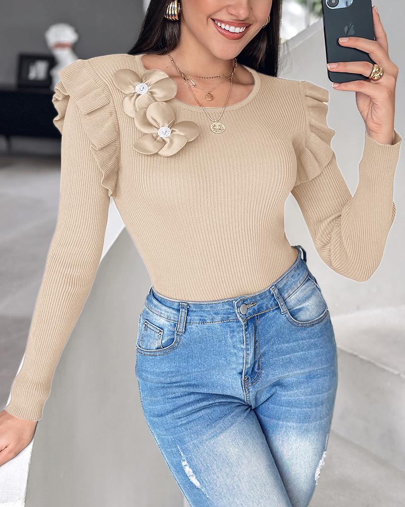 Floral Decor Ruffle Hem Long Sleeve Knit Sweater Top