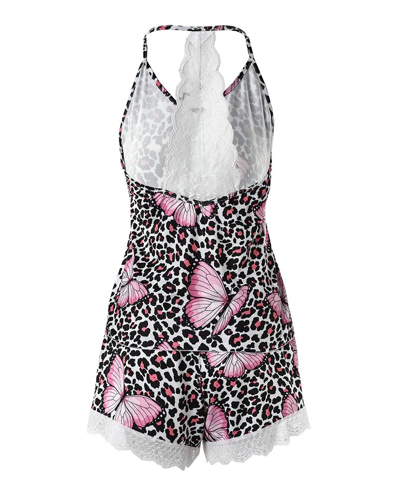 Leopard Butterfly Print Crochet Lace Cami Set