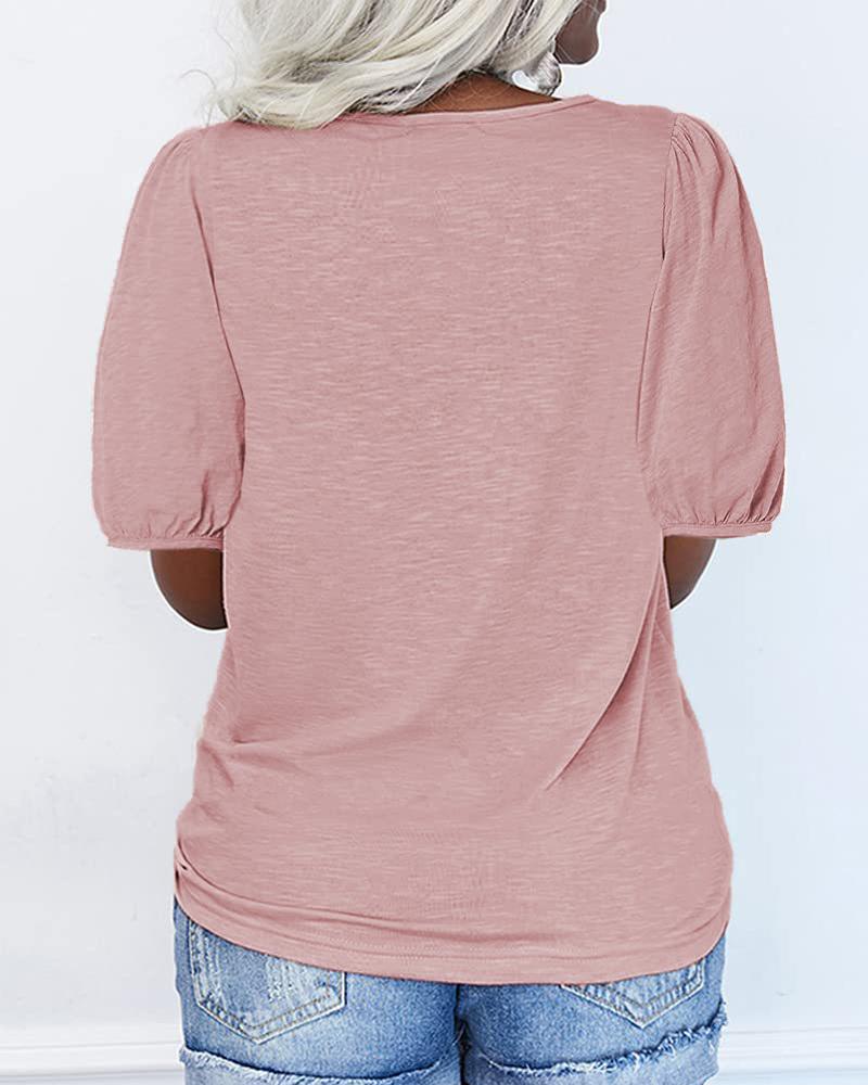 Zipper Front Puff Sleeve Casual T shirt