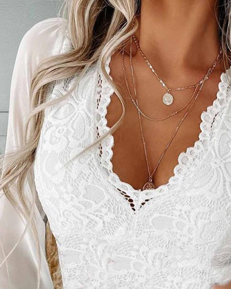 Contrast Mesh Long Sleeve Lace Top