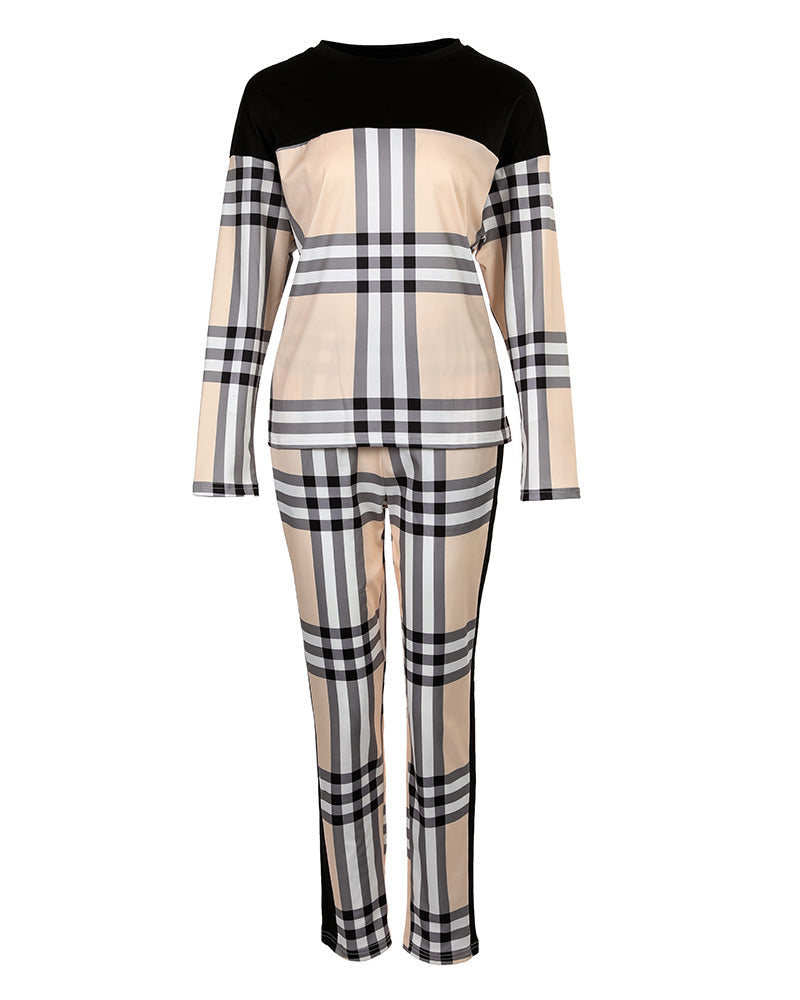 Plaid Print Long Sleeve Top & Pants Set