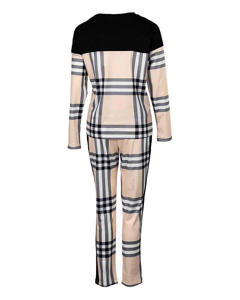 Plaid Print Long Sleeve Top & Pants Set