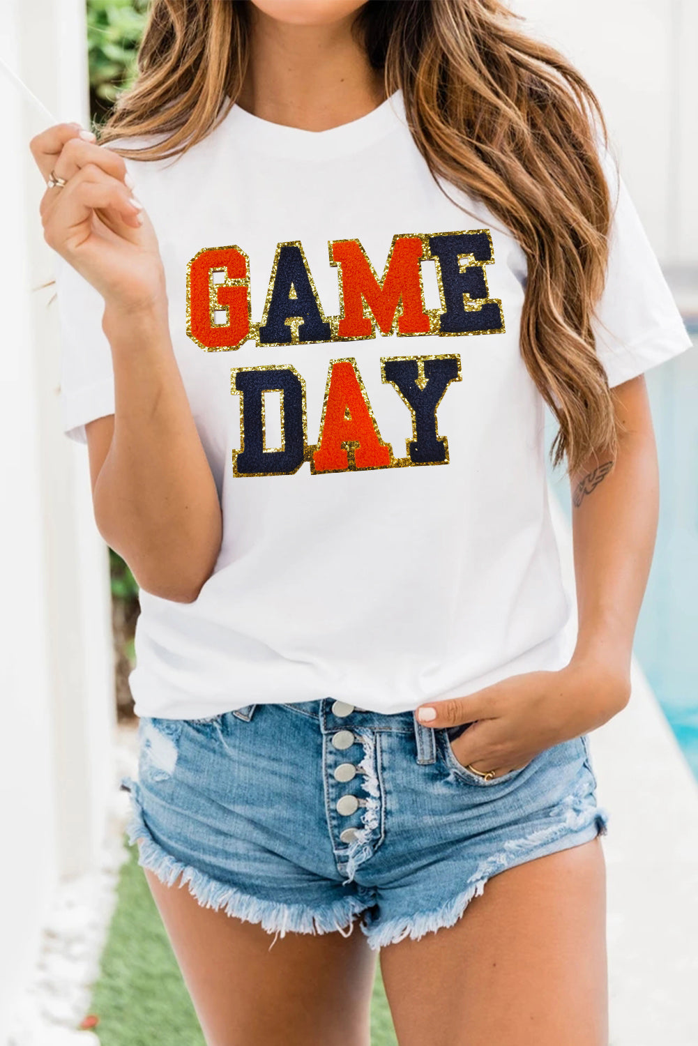 White Glitter GAME DAY Rugby Football Season Round Neck T Shirt