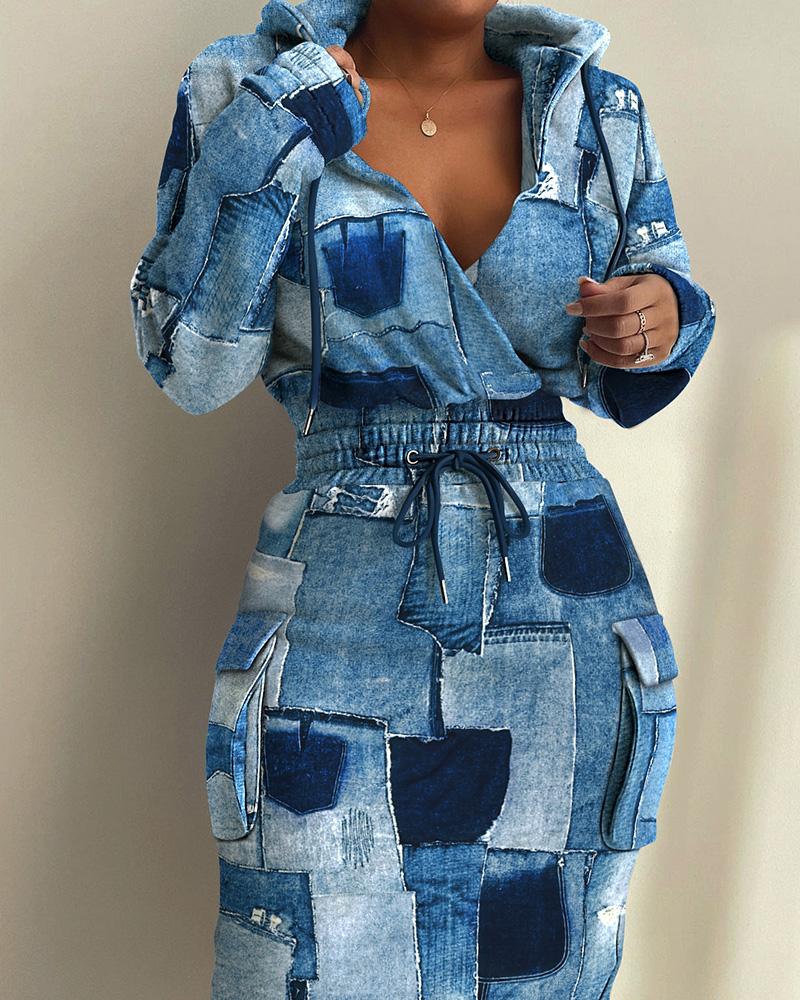 Denim Look Print Drawstring Hooded Sweatshirt Dress