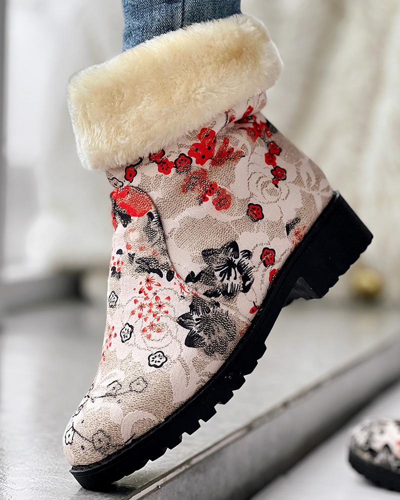 Floral Print Fuzzy Lined Ankle Boots