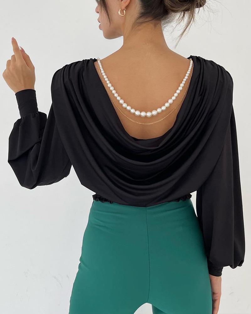 Padded Shoulder Lantern Sleeve Backless Beaded Strap Topbe