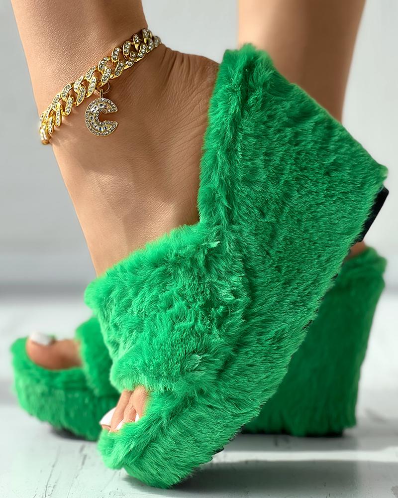 One Strap Fuzzy Wedge Slippers