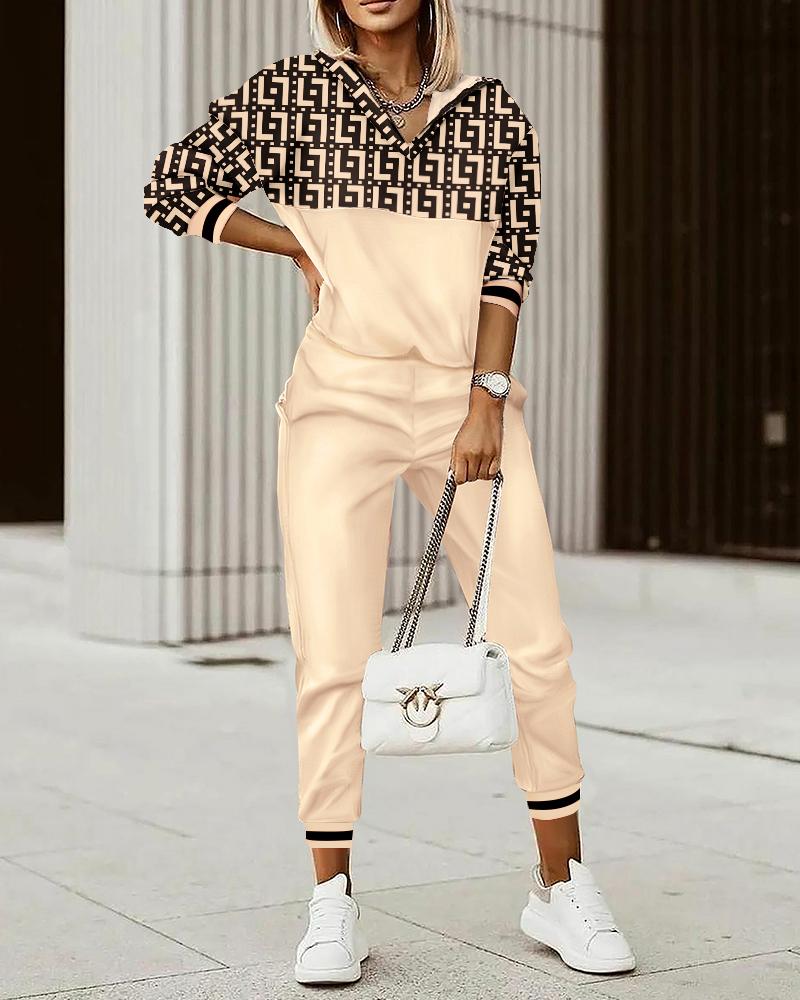 Geometric Print Long Sleeve Top & Pants Set