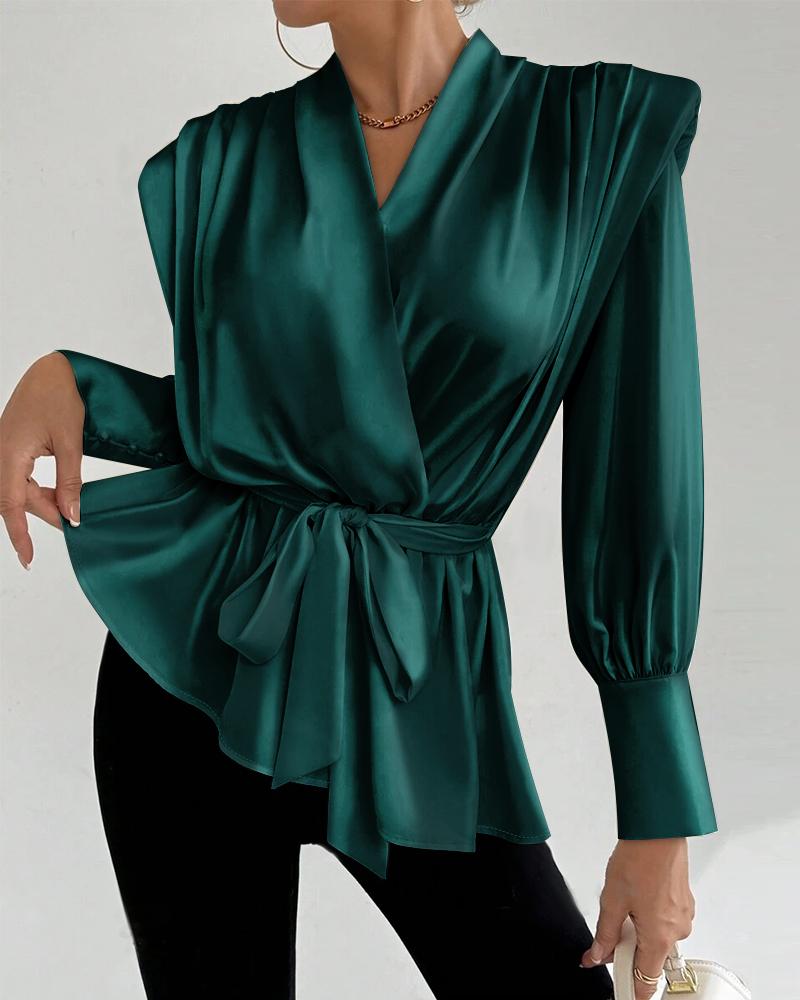 V Neck Long Sleeve Ruched Tied Detail Blouse Top With Shoulder Pad