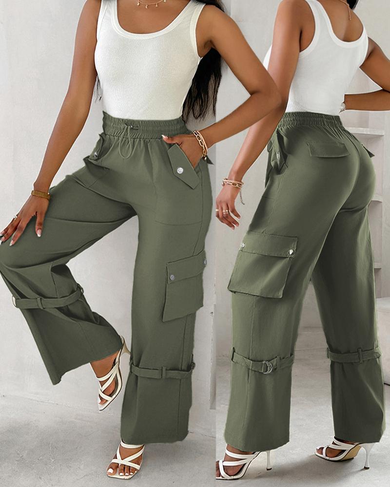 Snap Button Buckled Drawstring Cargo Pants