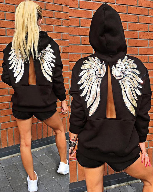 Sequin Wings Pattern Back Slit Hooded Sweatshirt & Shorts Set