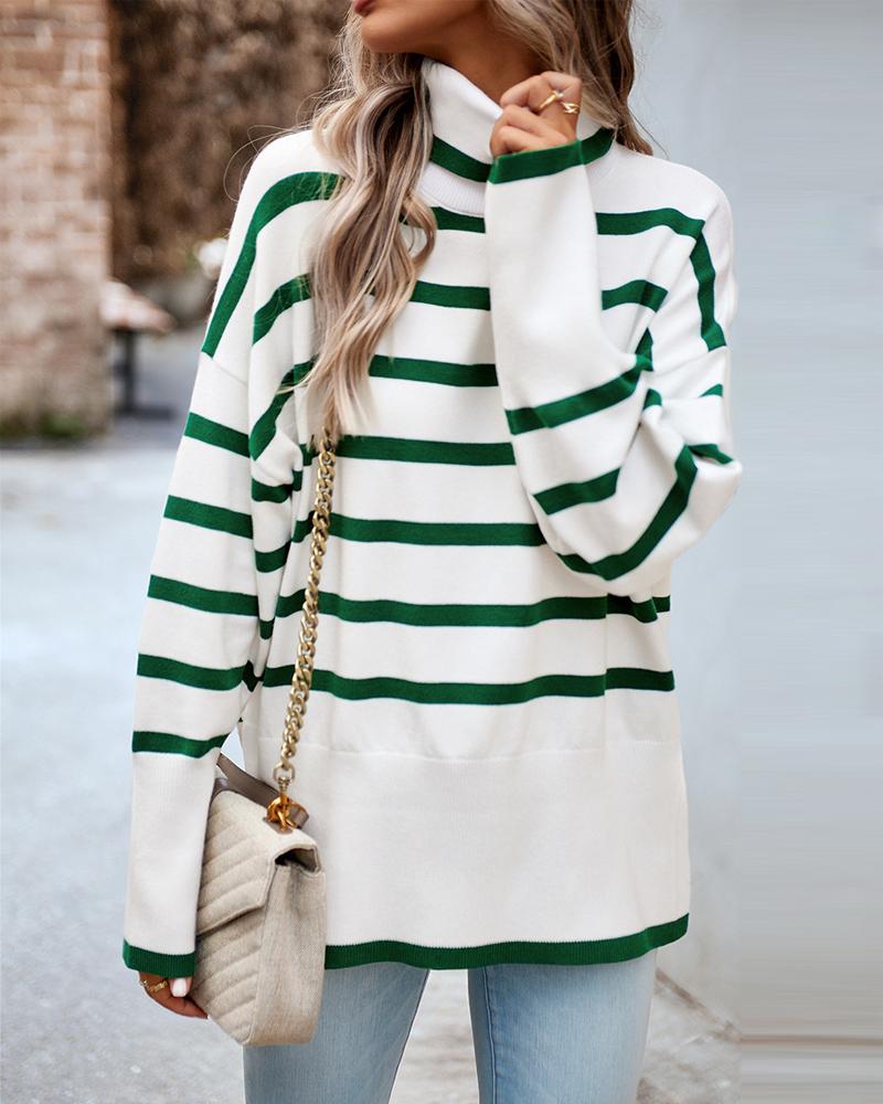 Striped High Neck Side Slit Knit Sweater