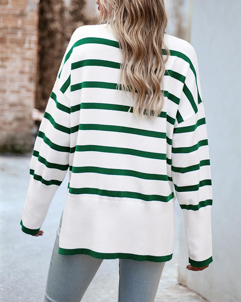 Striped High Neck Side Slit Knit Sweater