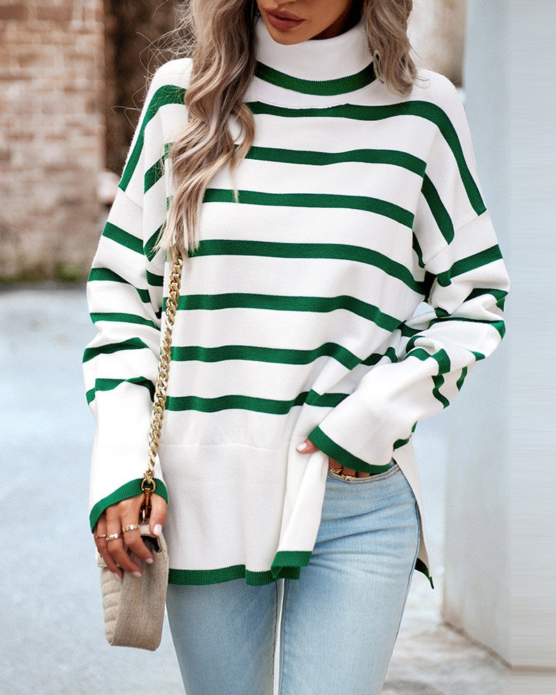 Striped High Neck Side Slit Knit Sweater