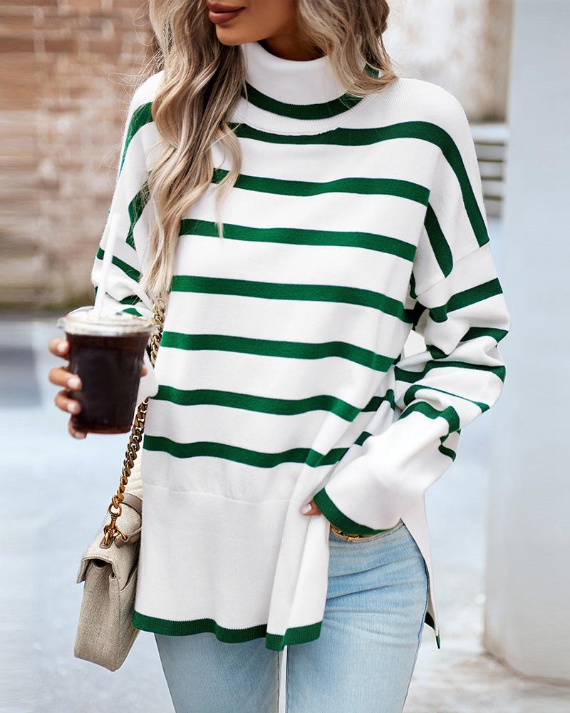 Striped High Neck Side Slit Knit Sweater