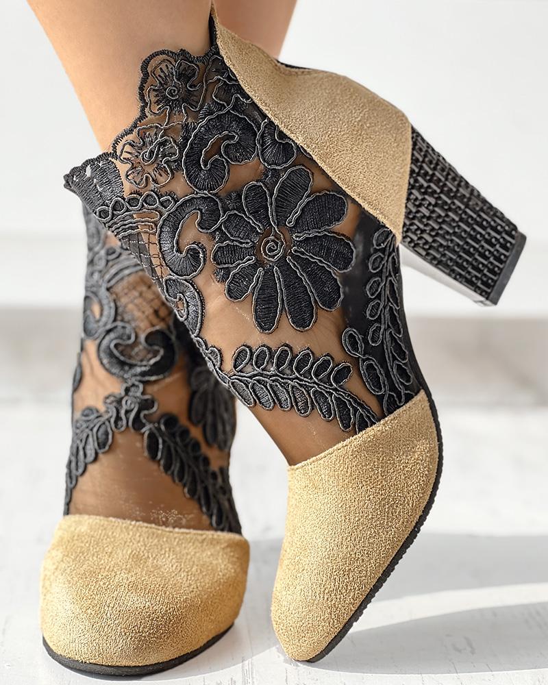 Lace Patch Floral Pattern Chunky Heel Ankle Boots