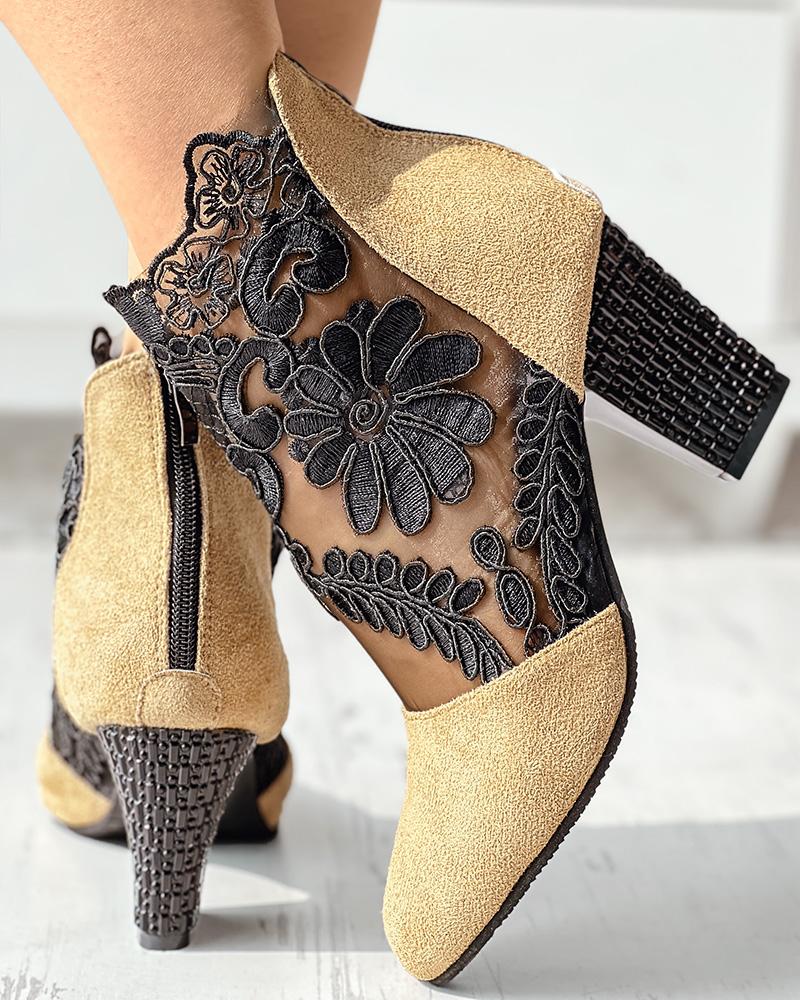 Lace Patch Floral Pattern Chunky Heel Ankle Boots