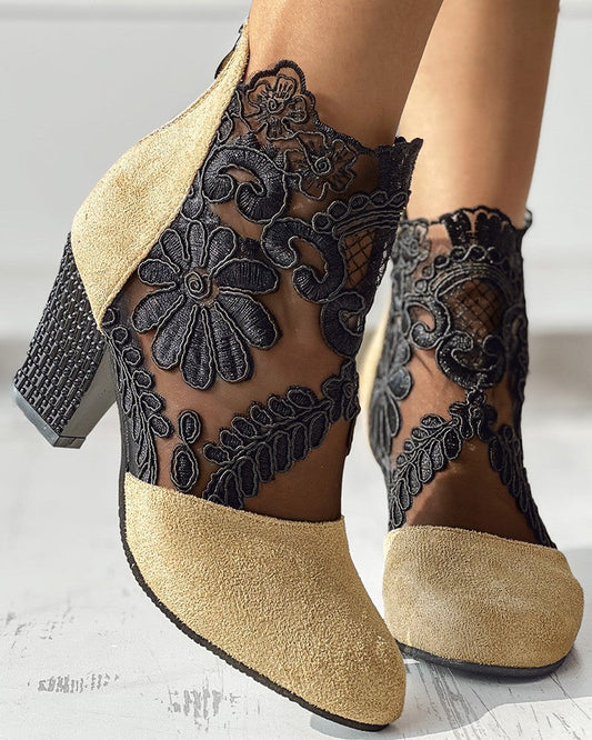 Lace Patch Floral Pattern Chunky Heel Ankle Boots