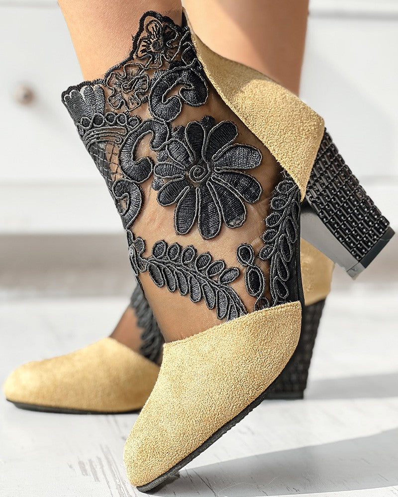 Lace Patch Floral Pattern Chunky Heel Ankle Boots