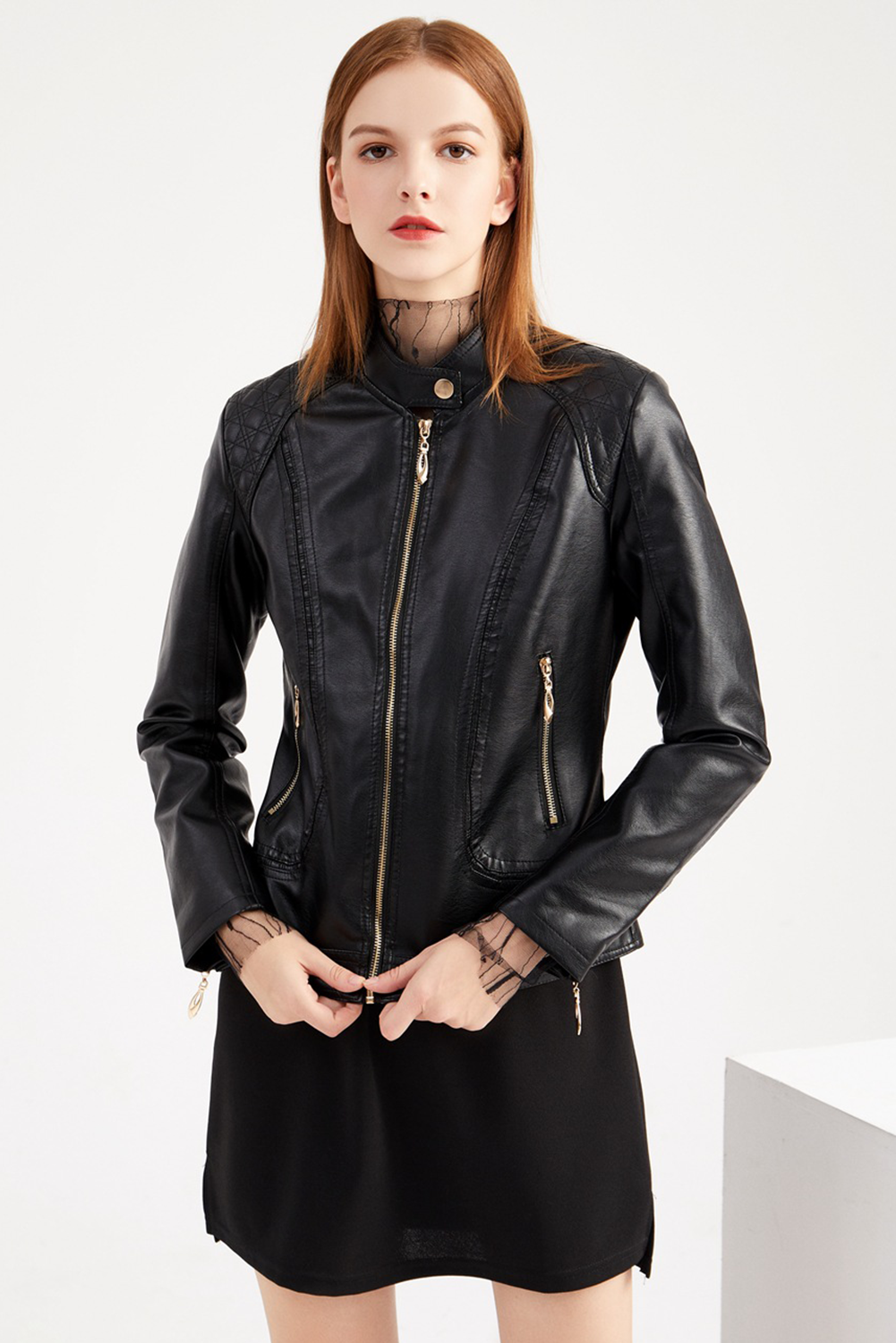 Black Quilted Detail Zip Leatherette Moto Jacket